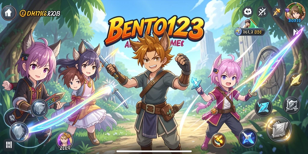 Tampilan gameplay BENTO123 dengan karakter anime beraksi seru.