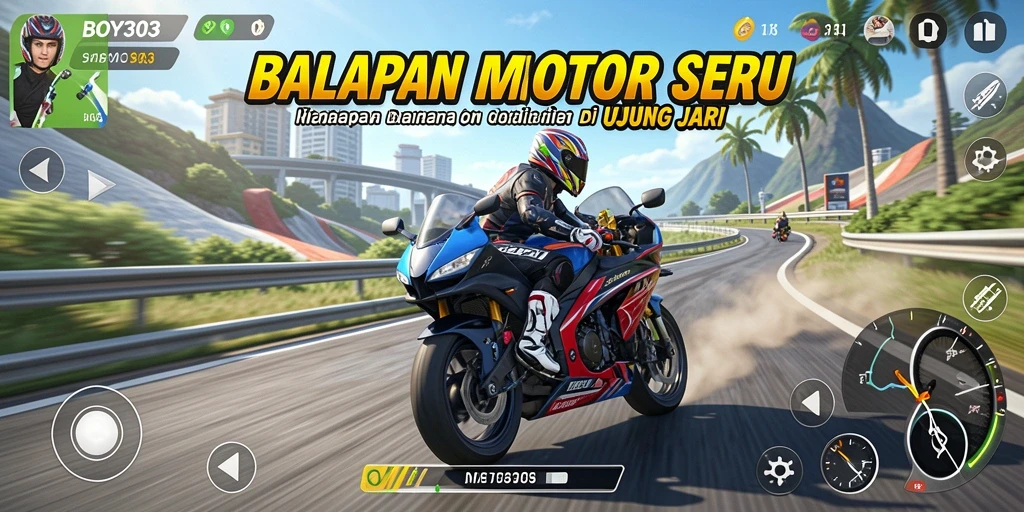 Menampilkan aksi balapan motor yang mendebarkan dan cepat.