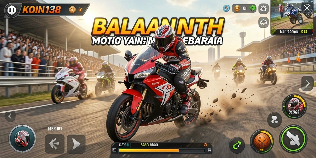 Gameplay seru KOIN138 saat balapan motor di lintasan.